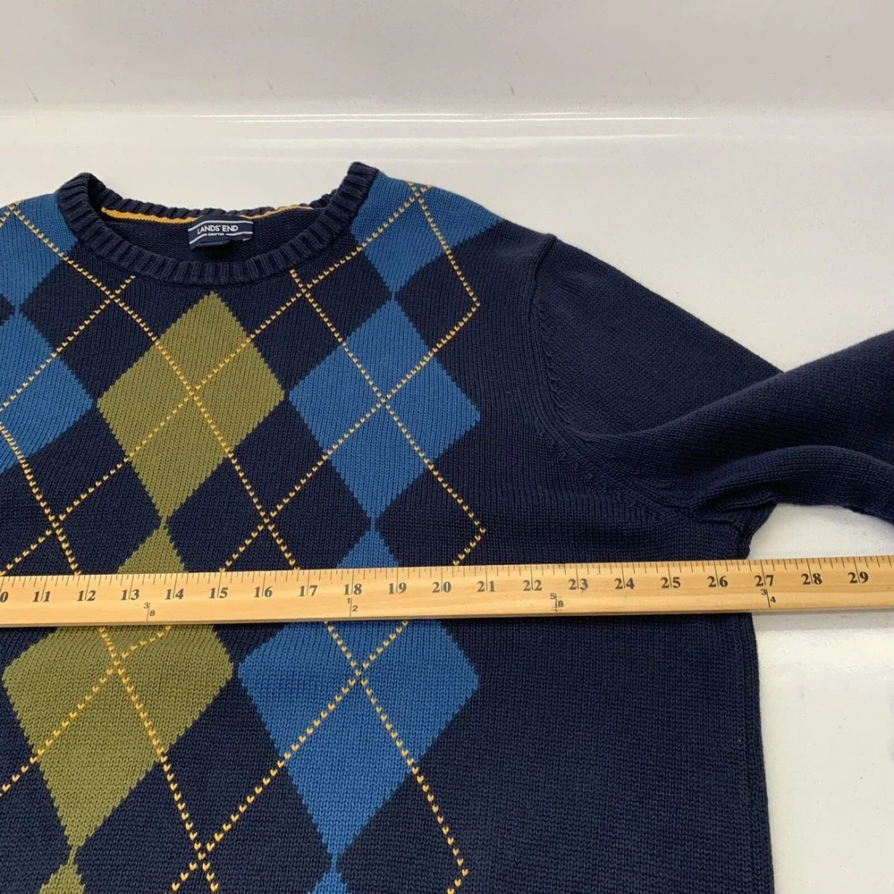 Lands End Drifter Argyle  Crew Neck Sweater Men XXL   Jumper  100%‎ Cotton Blue